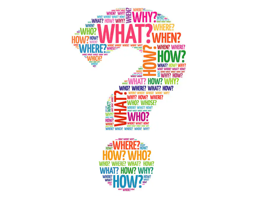 Een groot vraagteken wordt gevormd door kleurrijke woorden als WAT?, WIE?, WIE?, WAAR?, WANNEER?, HOE?, WIE? en WIE? herhaald in verschillende groottes en oriëntaties op een witte achtergrond.