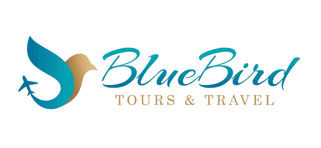 Logo voor BlueBird Tours & Travel, met een gestileerde blauwe vogel met een gouden vleugel en een klein vliegtuigje dat de staart van de vogel vormt, naast elegante blauwe en gouden tekst.