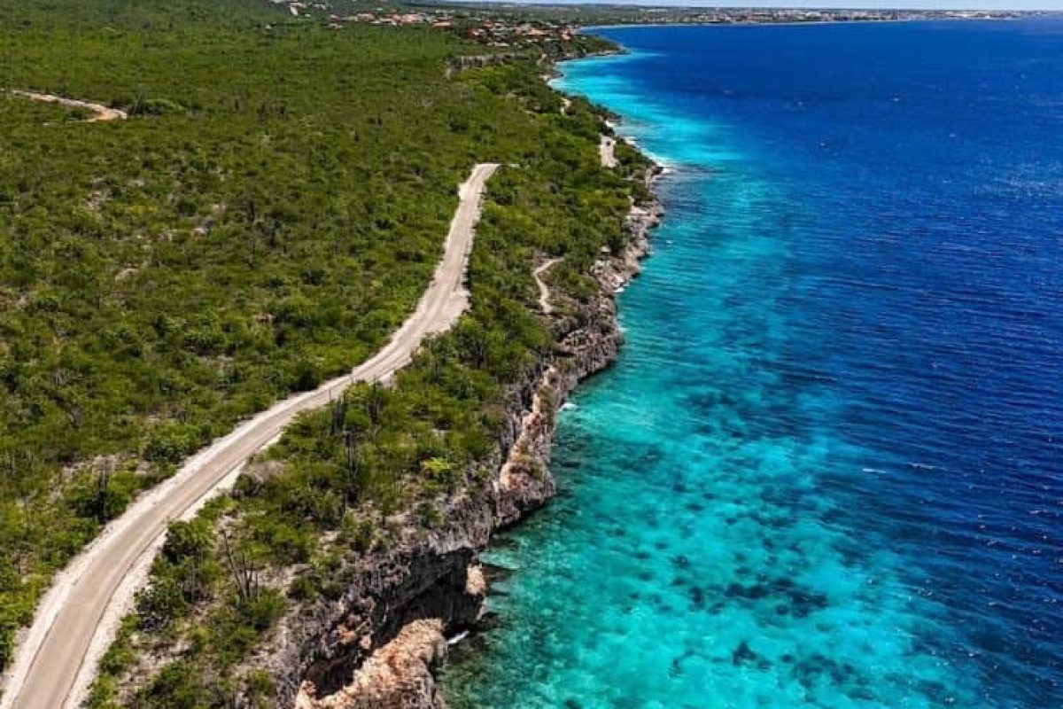 Disfruta el Tour Privado de Snorkel (Bonaire) a lo largo de una carretera costera pintoresca bordeada de vegetación y acantilados, con vistas a aguas turquesas cristalinas y aguas azul profundo bajo un cielo despejado con nubes dispersas.