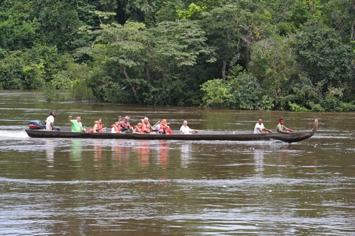 During the French Guiana Day Trip (Suriname), a group in life jackets paddles in a long wooden canoe down a wide, peaceful river bordered by lush green jungle.
