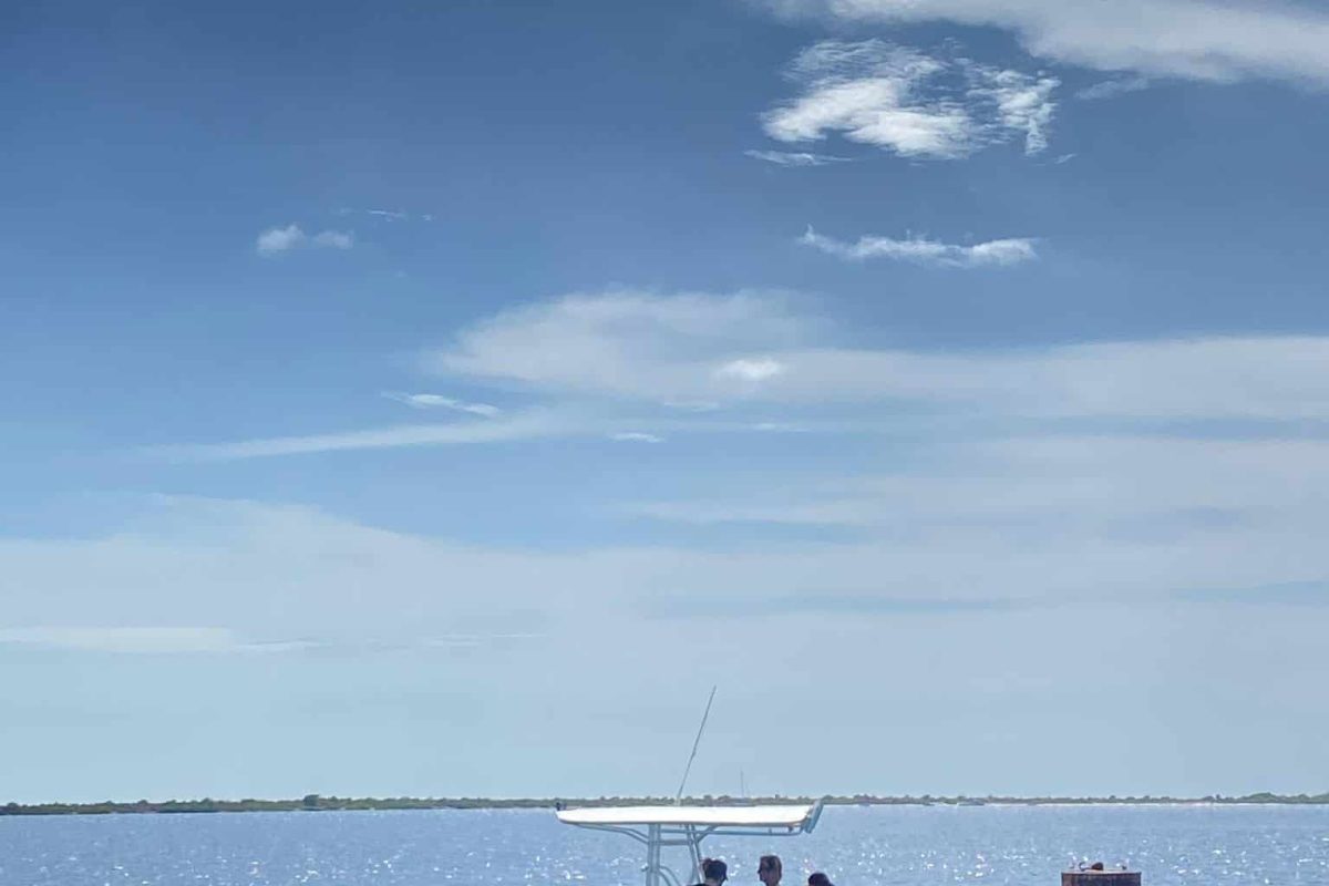 A small turquoise boat with the inscription "Boat Trip with 2 Snorkeling Stops (Bonaire)" transports four people over calm blue waters under a partially cloudy sky; Another boat is visible in the distance.