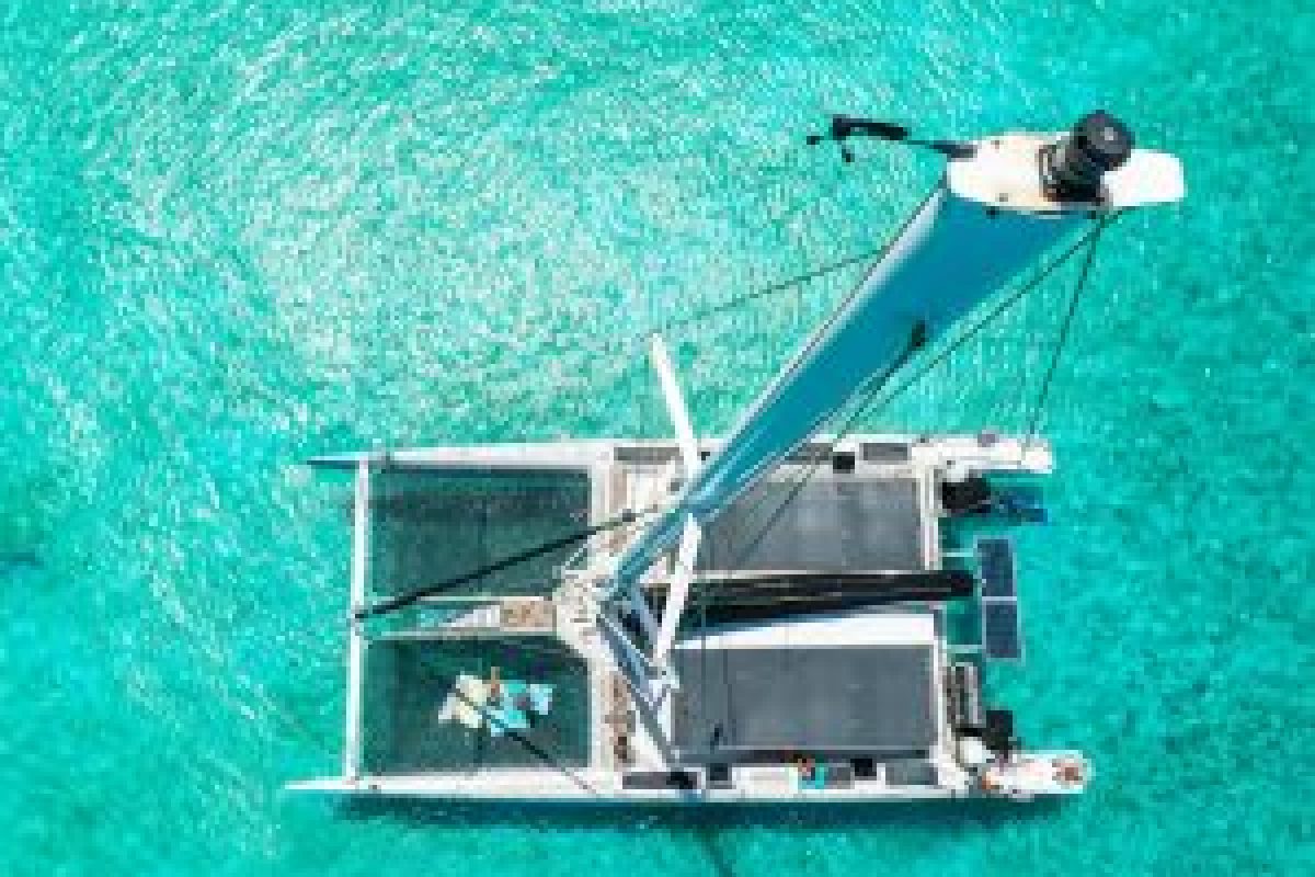 Vista aérea de un velero catamarán blanco del 3 en 1 Snorktocht (Curazao) flotando sobre aguas turquesas claras, con la luz del sol brillando sobre el mar.