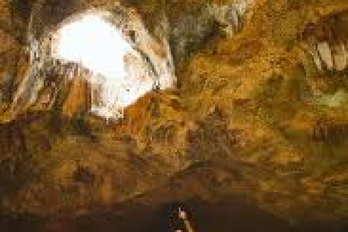 Dos personas están dentro de una cueva iluminada por la luz del sol que entra por un orificio en el techo rocoso; una de ellas señala hacia la abertura durante la Excursión por la playa y las cuevas (Aruba).