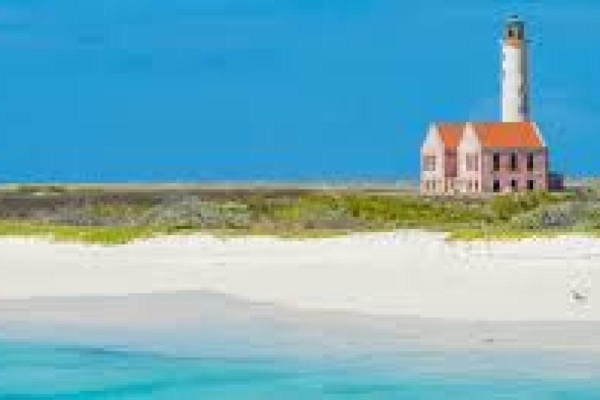 Experience the Klein Curacao Sunset Cruise (Curaçao): a lone lighthouse with a red roof stands on a sandy beach, surrounded by turquoise waters and greenery under a clear blue sky.